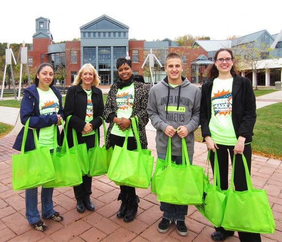 In photo (left to right): Tunxis Community Outreach Club’s Corina Scagliola, Barbara Turner, Chelsea Armistead, Andrew Albert, and Club Advisor Marie Clucas, Ph.D., were among those from the Tunxis community who participated in “Connecticut Make a Difference Week.” The group assembled and donated 25 large bags of toiletries for St. Vincent de Paul Mission Shelter in Bristol. 