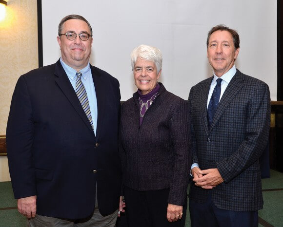 R to L: Keynote speaker George Bodenheimer, stands with Cathryn Addy, Ph.D., president of Tunxis Community College, and Chuck Pagano, president of Tunxis Community College Foundation and Advisory Board, Inc. 