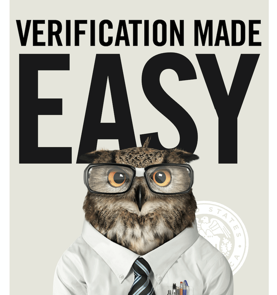 Owl wearing glasses saying verification made easy